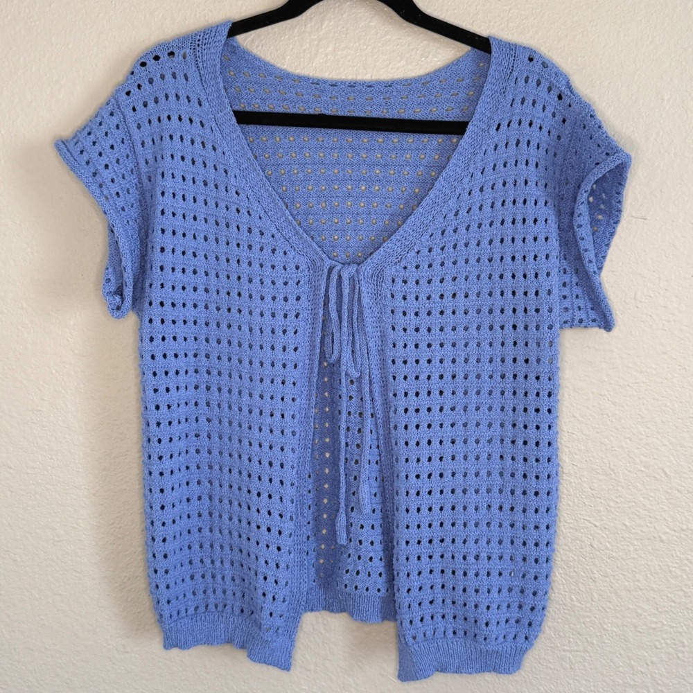Coastal Nautical Preppy Cottage Blue Open Knit Front Tie Medium Sweater Layer